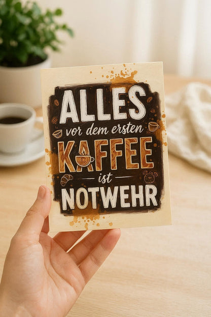 Lustiges Kaffee-Wandbild mit dem Spruch 'Alles vor dem ersten Kaffee ist Notwehr' in brauner Impasto-Typografie auf cremefarbenem Hintergrund.