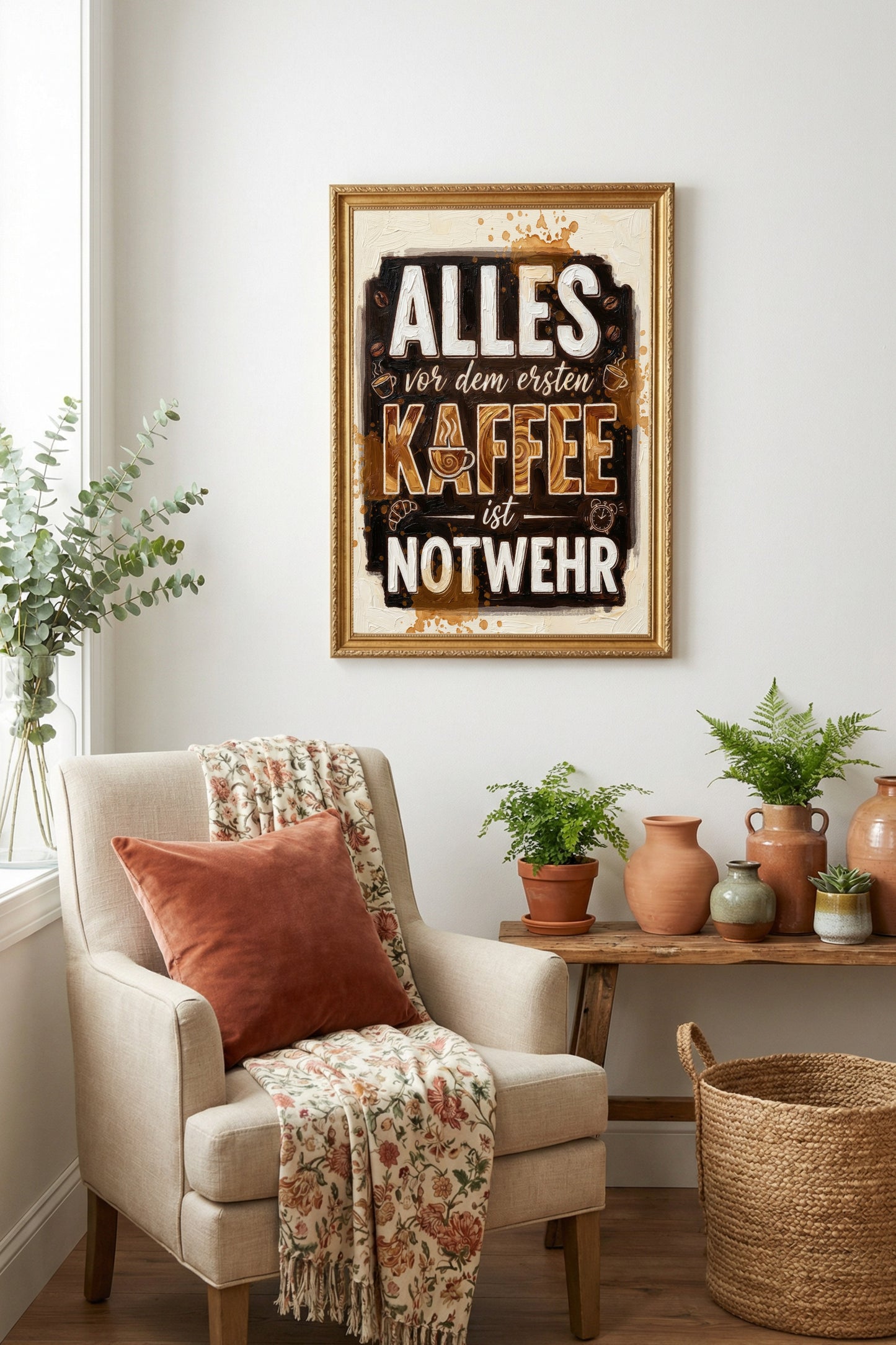 Lustiges Kaffee-Wandbild mit dem Spruch 'Alles vor dem ersten Kaffee ist Notwehr' in brauner Impasto-Typografie auf cremefarbenem Hintergrund.