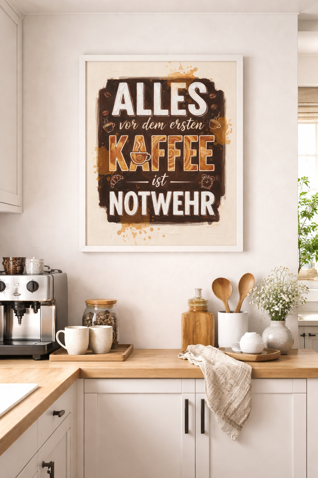 Lustiges Kaffee-Wandbild mit dem Spruch 'Alles vor dem ersten Kaffee ist Notwehr' in brauner Impasto-Typografie auf cremefarbenem Hintergrund.