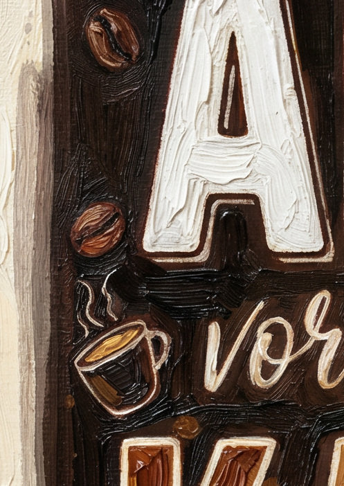 Lustiges Kaffee-Wandbild mit dem Spruch 'Alles vor dem ersten Kaffee ist Notwehr' in brauner Impasto-Typografie auf cremefarbenem Hintergrund.