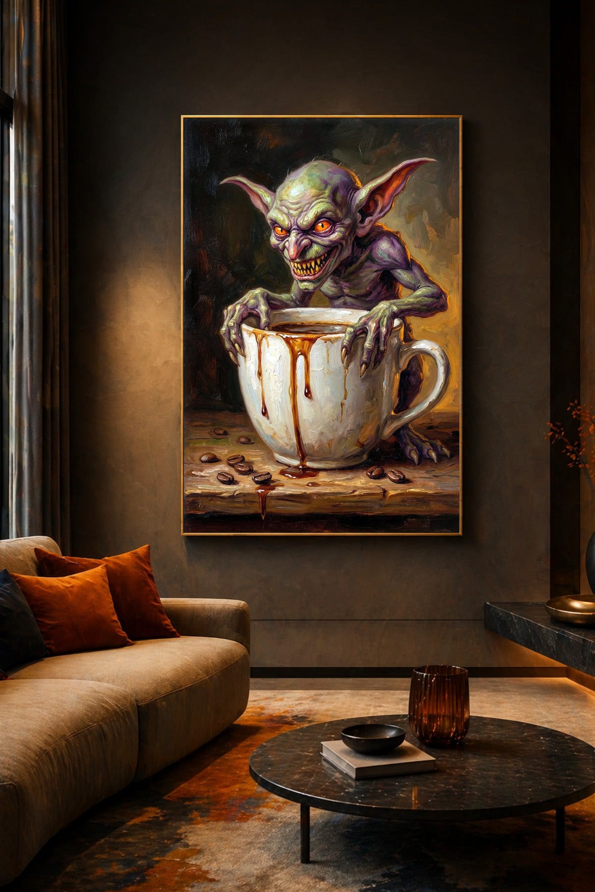 Digitales Goblin Coffee Wandbild mit grün-violettem Fantasywesen, weißer Kaffeetasse, tropfendem Espresso und Kaffeebohnen.