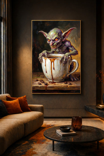 Digitales Goblin Coffee Wandbild mit grün-violettem Fantasywesen, weißer Kaffeetasse, tropfendem Espresso und Kaffeebohnen.