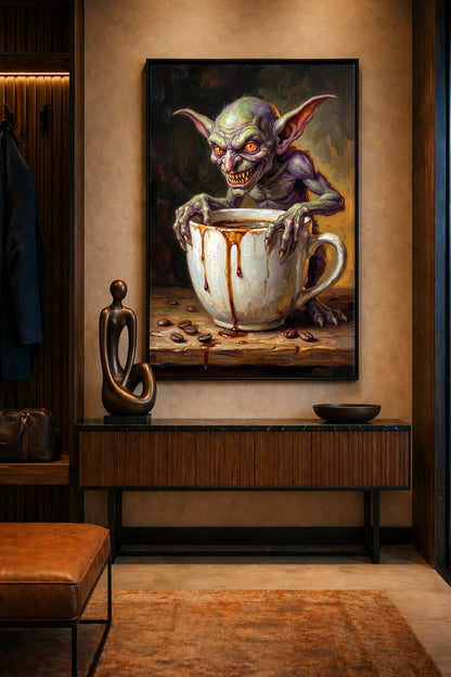 Coffee Lover Poster mit grinsendem Goblin, spitzen Ohren, langer Kralle, großer weißer Tasse und chaotischen Kaffeetropfen.