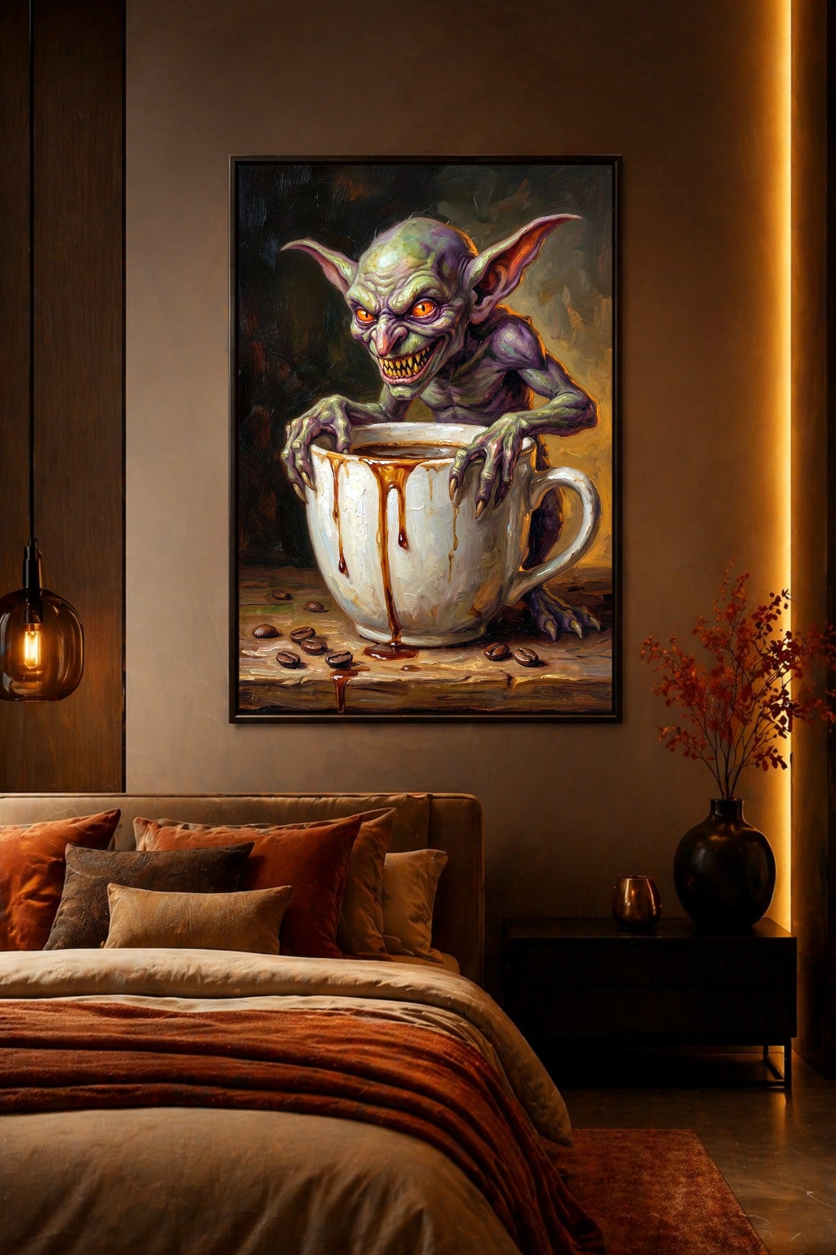 Digitales Gaming Room Poster mit Coffee Goblin in Kaffeetasse, tropfendem Kaffee, Kaffeebohnen und frecher Fantasy-Atmosphäre.
