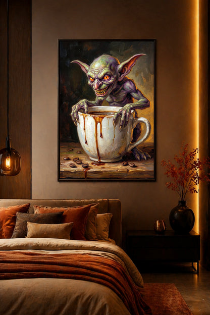 Digitales Gaming Room Poster mit Coffee Goblin in Kaffeetasse, tropfendem Kaffee, Kaffeebohnen und frecher Fantasy-Atmosphäre.