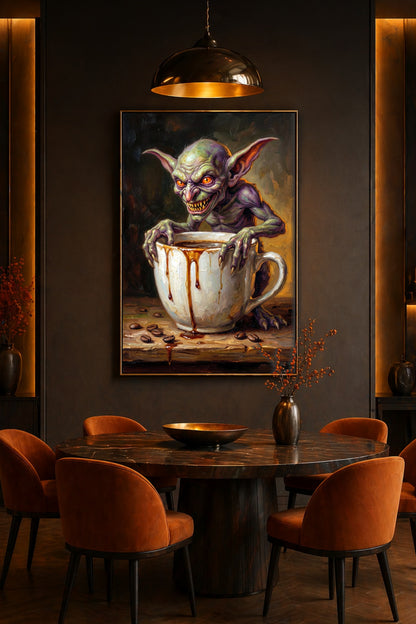 Fantasy Coffee Poster als Digitaldownload mit frechem Goblin in weißer Tasse, Kaffeetropfen am Rand und dunklem Hintergrund mit Bohnen.