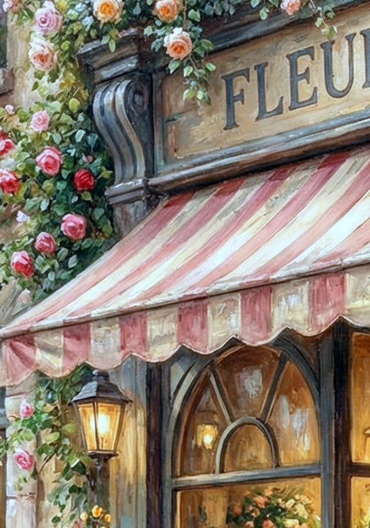 Detailsansicht. Digitales Poster mit romantischem Blumenladen, Rosen, gestreifter Markise, warm beleuchteten Fenstern und Cottagecore-Ladenfront.
