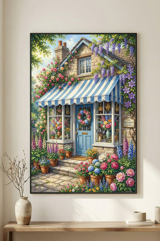 Gedrucktes Poster mit romantischem Blumenladen, blauer Tür, gestreiftem Vordach, Rosen, Blauregen und vielen Blumentöpfen vor einer Steinfassade.