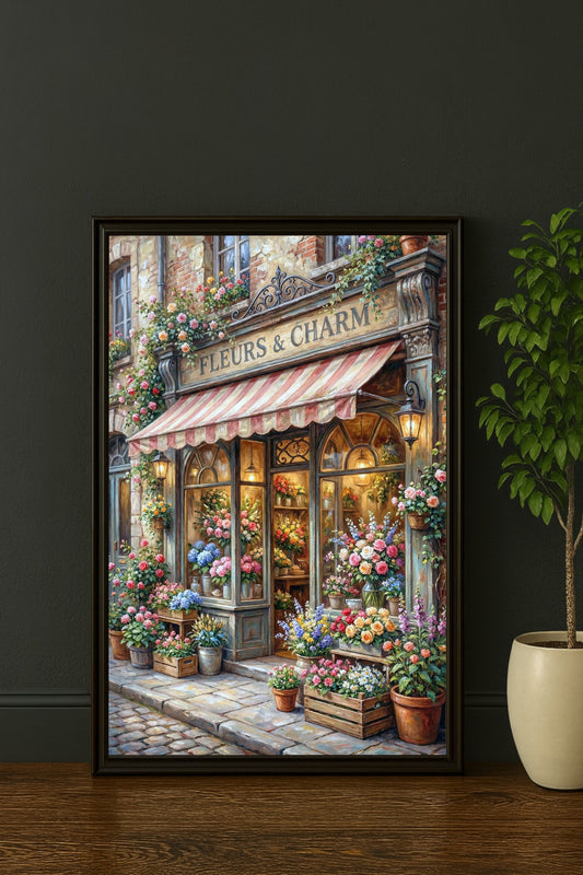 Digitales Blumenladen Poster mit Rosen, Markise, warmen Fenstern und floraler Cottagecore-Ladenfront.