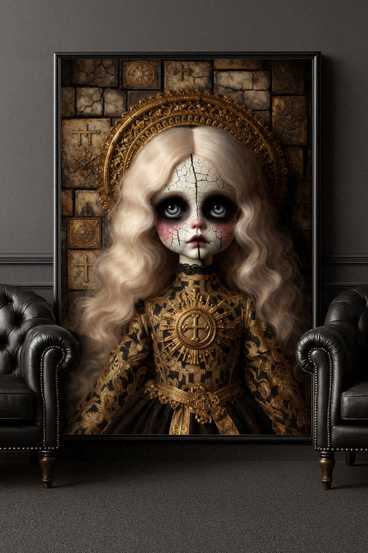 Hochwertiger Giclée-Kunstdruck zweier Vintage-Puppen mit großen Augen, blasser Haut und rostfarbenen Kleidern in melancholischer Atmosphäre.