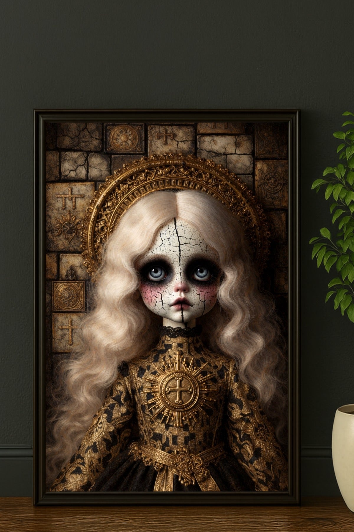 Digitales Gothic-Porträt einer antiken Porzellanpuppe mit rissiger Haut, goldenem Heiligenschein und barock inspirierten Details.