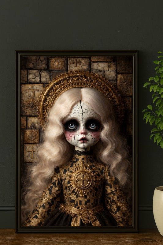 Digitales Gothic-Porträt einer antiken Porzellanpuppe mit rissiger Haut, goldenem Heiligenschein und barock inspirierten Details.