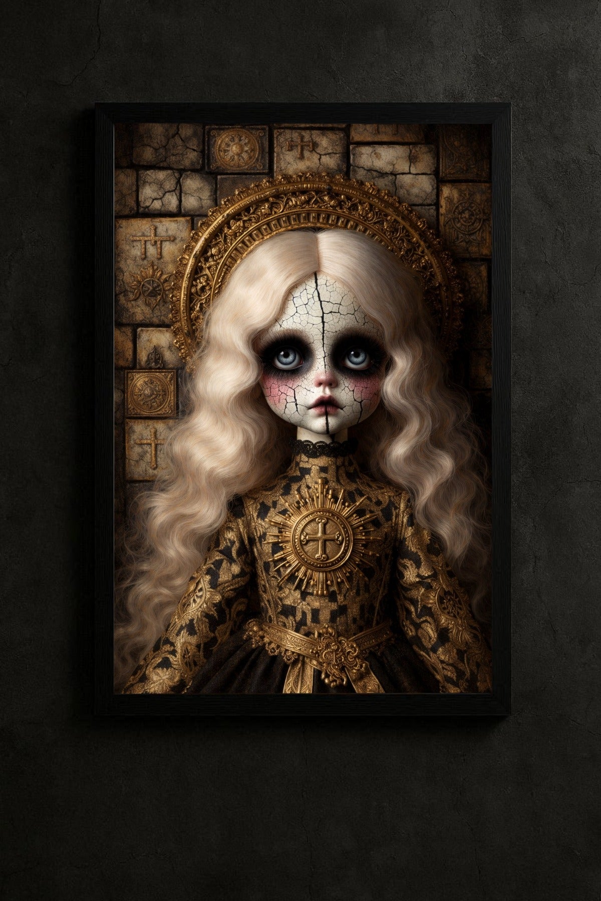Digitales Gothic-Porträt einer antiken Porzellanpuppe mit rissiger Haut, goldenem Heiligenschein und barock inspirierten Details.