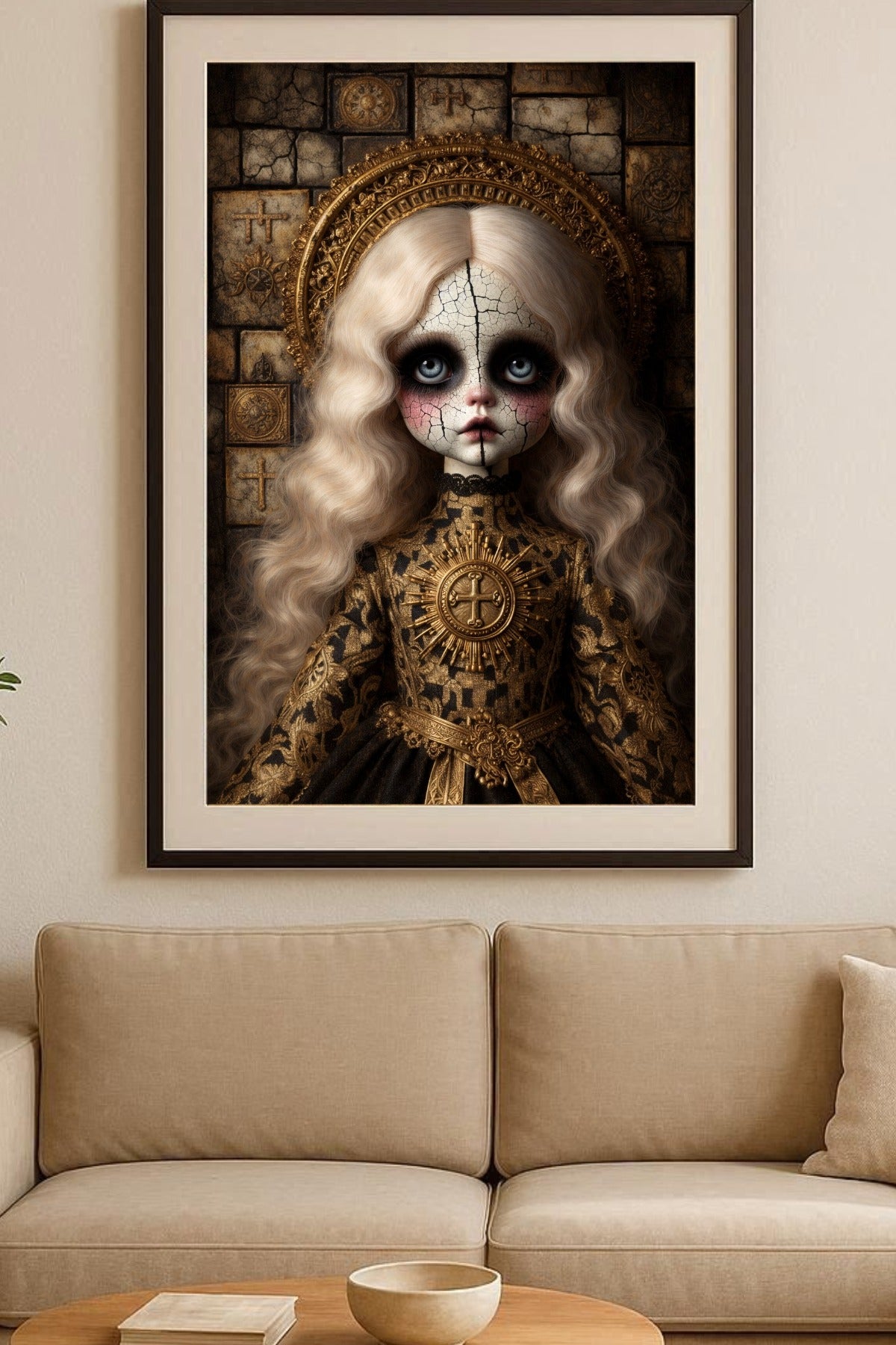 Digitales Gothic-Porträt einer antiken Porzellanpuppe mit rissiger Haut, goldenem Heiligenschein und barock inspirierten Details.
