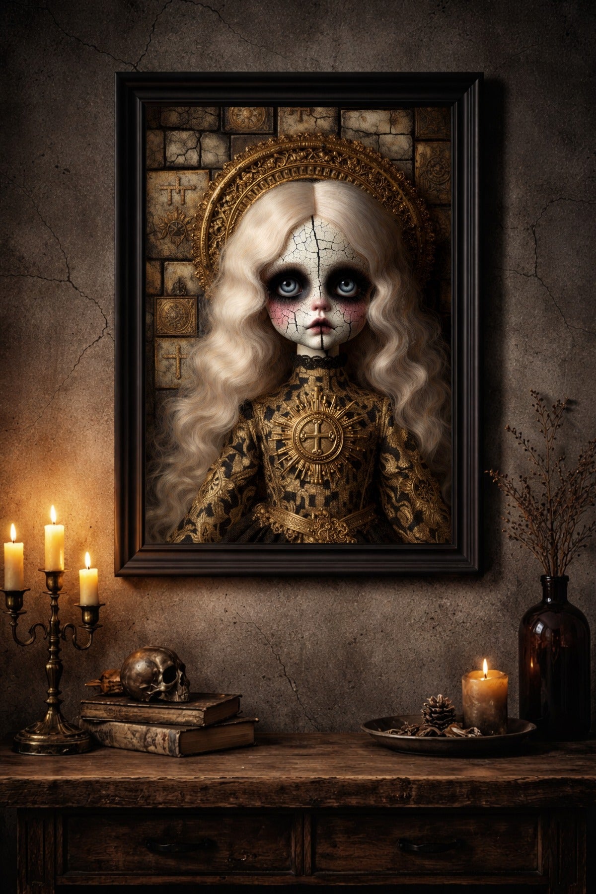 Digitales Gothic-Porträt einer antiken Porzellanpuppe mit rissiger Haut, goldenem Heiligenschein und barock inspirierten Details.