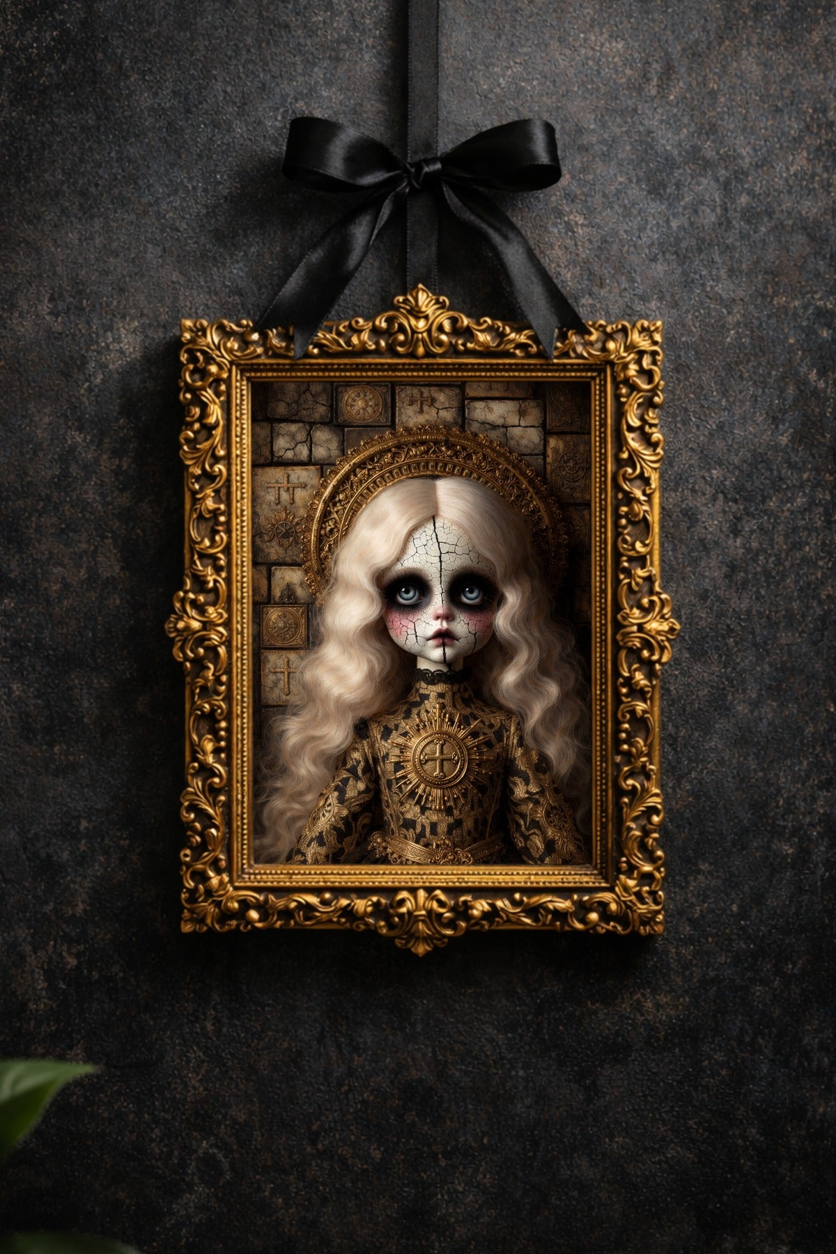 Digitales Gothic-Porträt einer antiken Porzellanpuppe mit rissiger Haut, goldenem Heiligenschein und barock inspirierten Details.