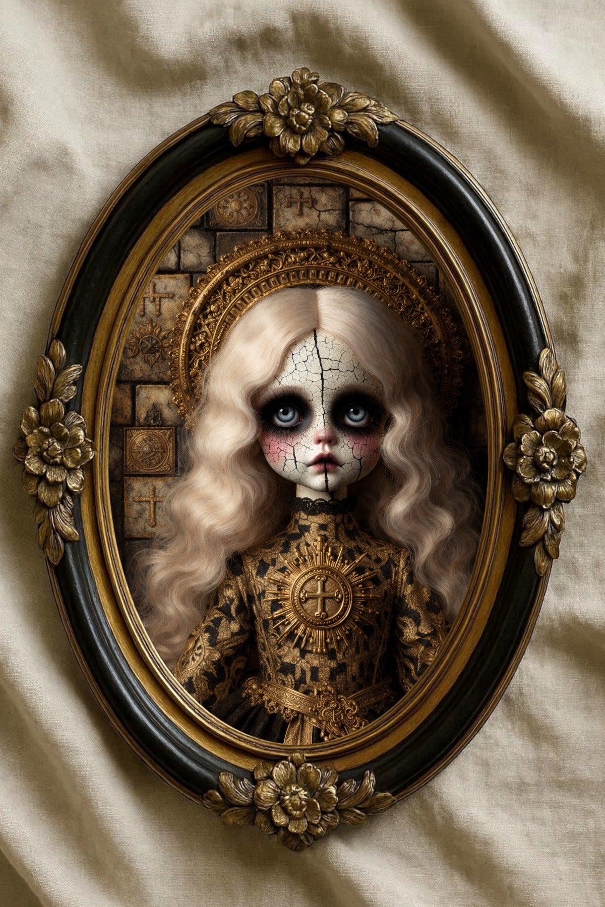 Digitales Gothic-Porträt einer antiken Porzellanpuppe mit rissiger Haut, goldenem Heiligenschein und barock inspirierten Details.
