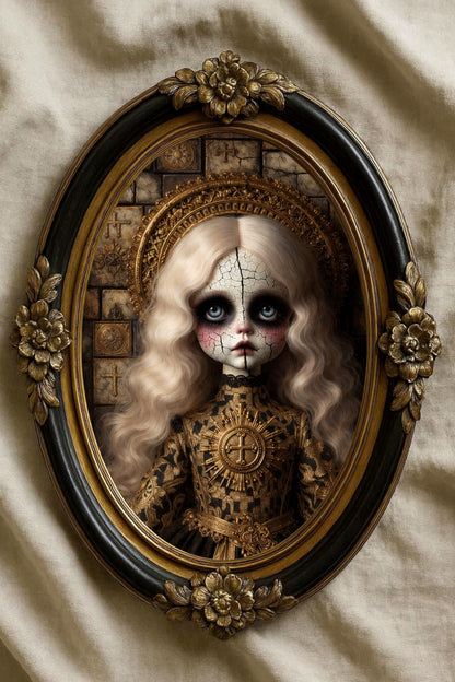 Digitales Gothic-Porträt einer antiken Porzellanpuppe mit rissiger Haut, goldenem Heiligenschein und barock inspirierten Details.