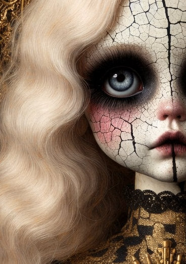 Digitales Gothic-Porträt einer antiken Porzellanpuppe mit rissiger Haut, goldenem Heiligenschein und barock inspirierten Details.