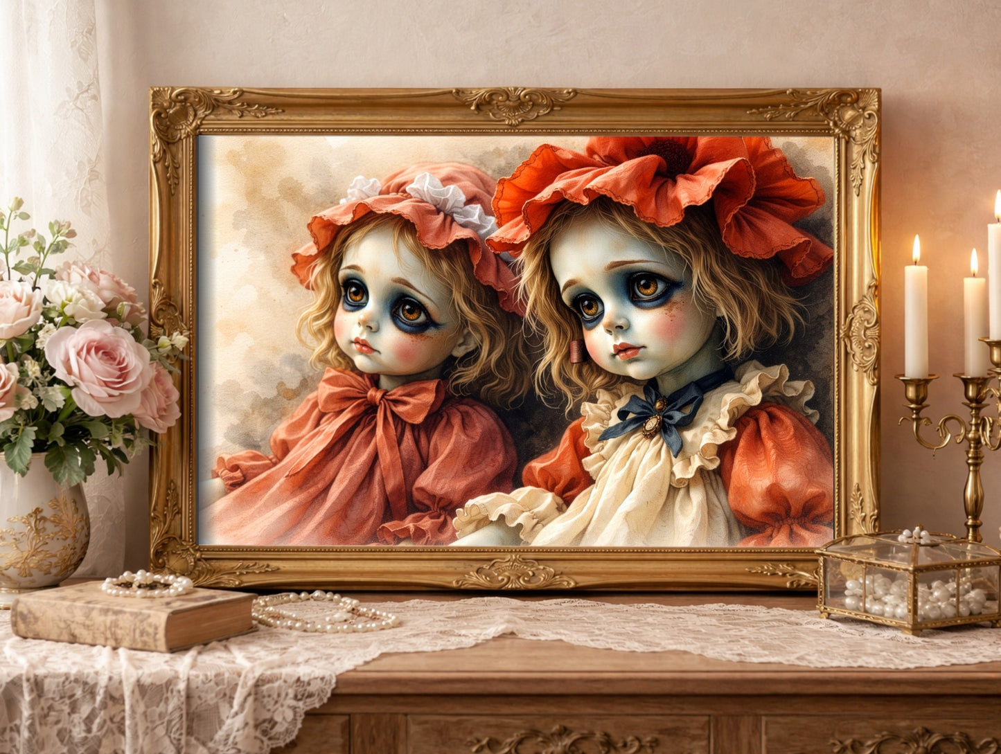 Hochwertiger Giclée-Kunstdruck zweier Vintage-Puppen mit melancholischen Augen, rostrote Kleider, samtiges mattes Finish.