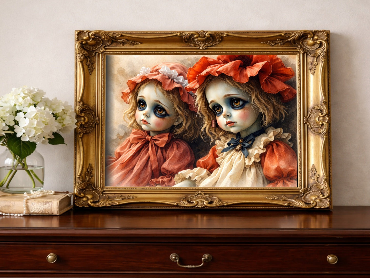 Hochwertiger Giclée-Kunstdruck zweier Vintage-Puppen mit melancholischen Augen, rostrote Kleider, samtiges mattes Finish.