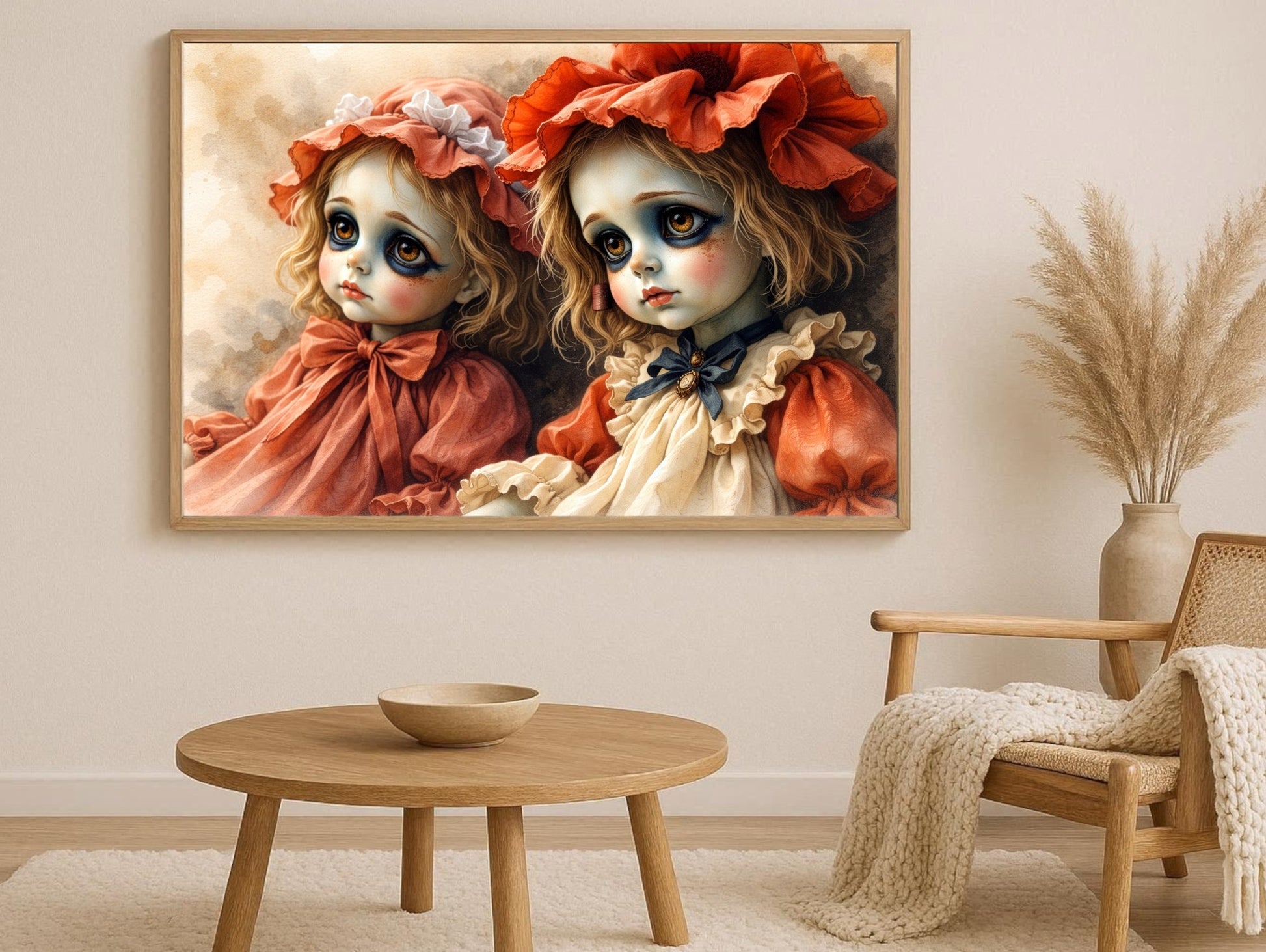 Hochwertiger Giclée-Kunstdruck zweier Vintage-Puppen mit melancholischen Augen, rostrote Kleider, samtiges mattes Finish.