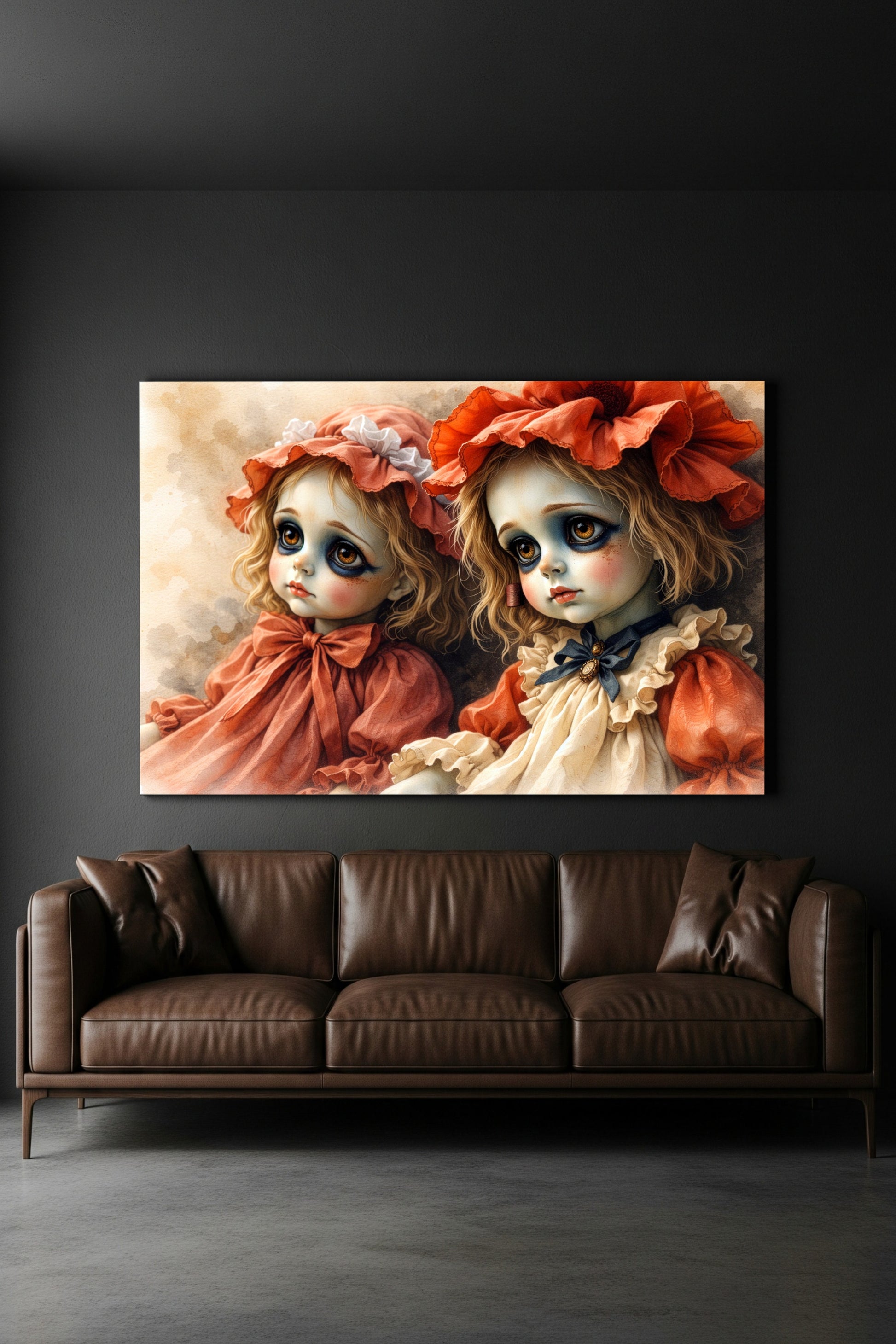 Hochwertiger Giclée-Kunstdruck zweier Vintage-Puppen mit melancholischen Augen, rostrote Kleider, samtiges mattes Finish.