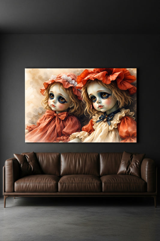 Hochwertiger Giclée-Kunstdruck zweier Vintage-Puppen mit melancholischen Augen, rostrote Kleider, samtiges mattes Finish.