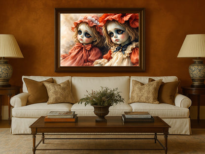 Hochwertiger Giclée-Kunstdruck zweier Vintage-Puppen mit melancholischen Augen, rostrote Kleider, samtiges mattes Finish.