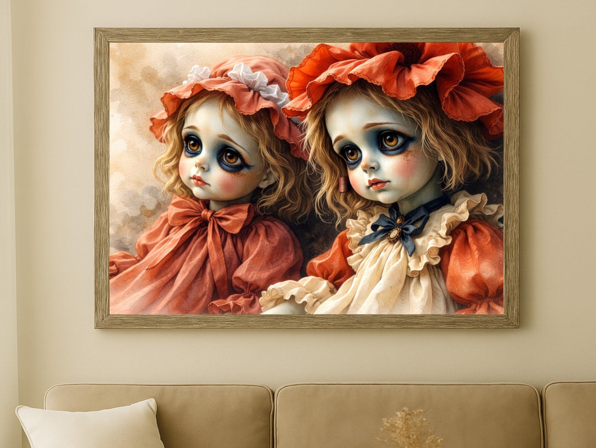 Hochwertiger Giclée-Kunstdruck zweier Vintage-Puppen mit melancholischen Augen, rostrote Kleider, samtiges mattes Finish.