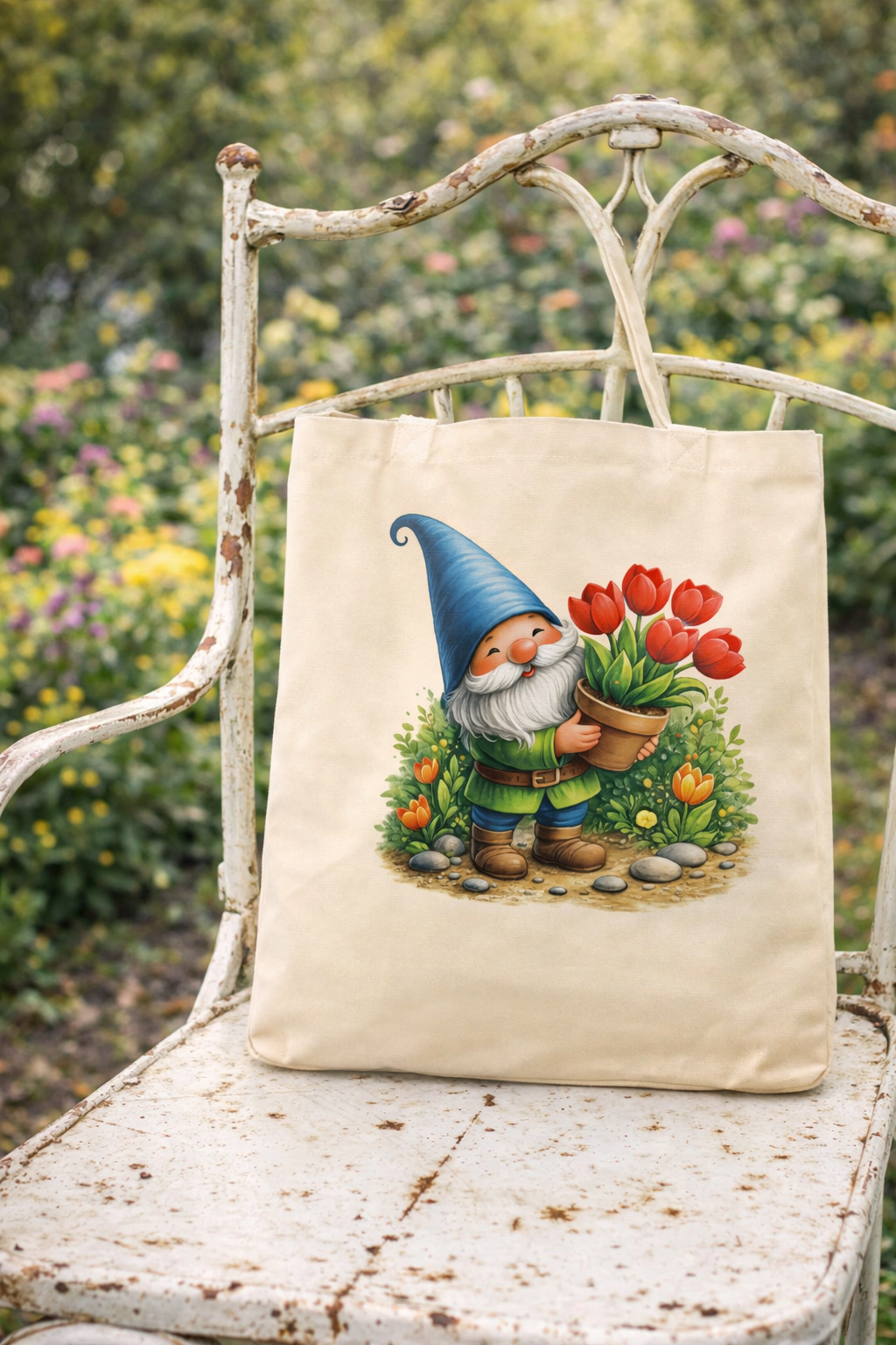 Baumwoll-Tote Bag mit Gartenzwerg und Tulpenmotiv, lange Henkel, verstärkte Nähte, erhältlich in Weiß oder Natur, nachhaltige Einkaufstasche.
