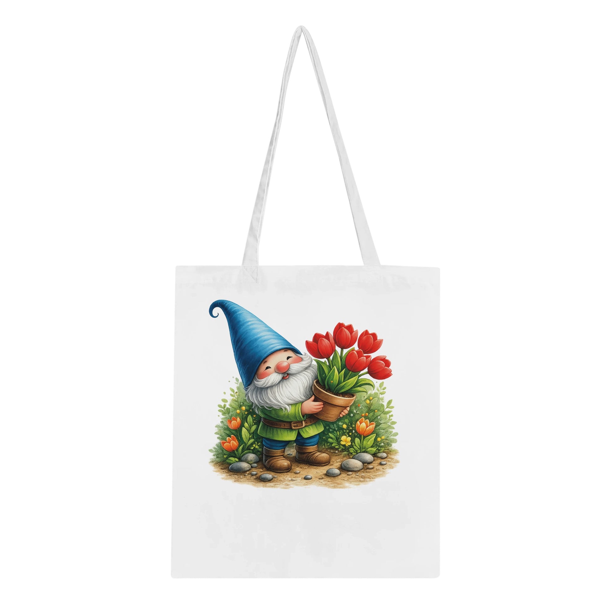 Baumwoll-Tote Bag mit Gartenzwerg und Tulpenmotiv, lange Henkel, verstärkte Nähte, erhältlich in Weiß oder Natur, nachhaltige Einkaufstasche.