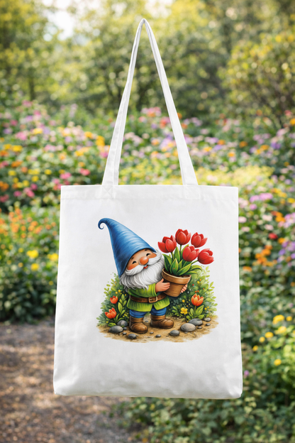 Baumwoll-Tote Bag mit Gartenzwerg und Tulpenmotiv, lange Henkel, verstärkte Nähte, erhältlich in Weiß oder Natur, nachhaltige Einkaufstasche.