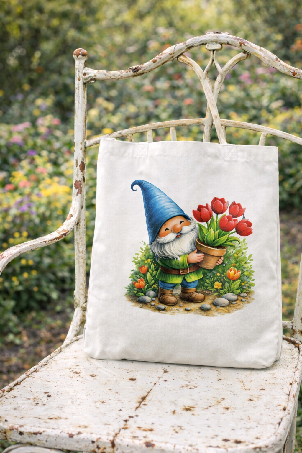 Baumwoll-Tote Bag mit Gartenzwerg und Tulpenmotiv, lange Henkel, verstärkte Nähte, erhältlich in Weiß oder Natur, nachhaltige Einkaufstasche.