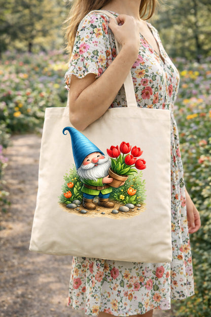 Baumwoll-Tote Bag mit Gartenzwerg und Tulpenmotiv, lange Henkel, verstärkte Nähte, erhältlich in Weiß oder Natur, nachhaltige Einkaufstasche.