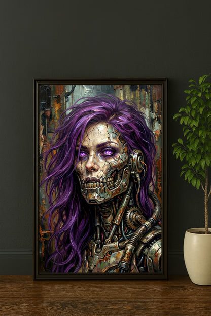 Digitales Cyberpunk Poster mit Android-Frau, violettem Haar, leuchtenden Augen, Metallkiefer und rostigem Industrial-Hintergrund.