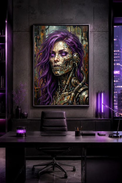 Digitales Cyberpunk Poster mit weiblichem Android, violettem Haar, leuchtenden Augen und mechanischem Metallkiefer vor rostigem Industrial-Hintergrund.
