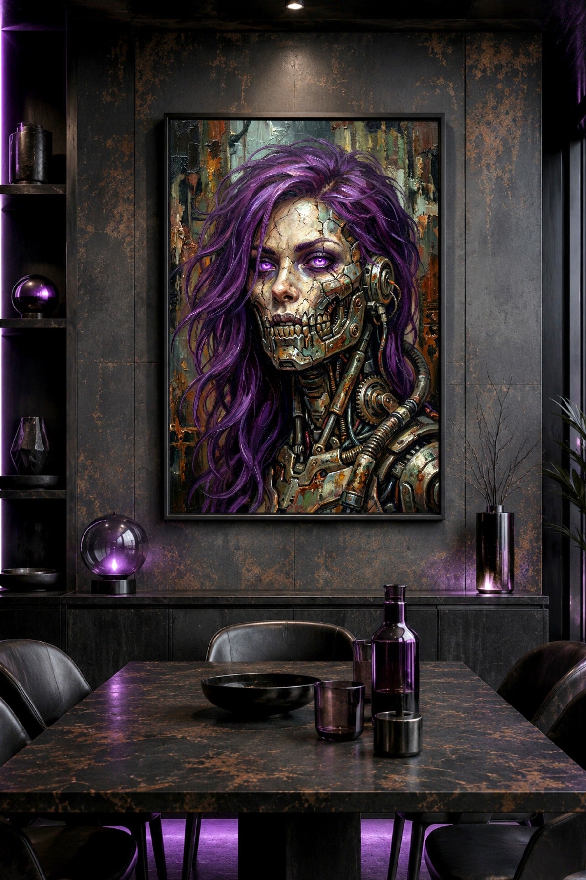 Cyberpunk Wandbild als Digitaldownload mit Android-Frau, lila Haaren, glühenden Augen, freigelegter Mechanik und rostiger Industrie-Optik.