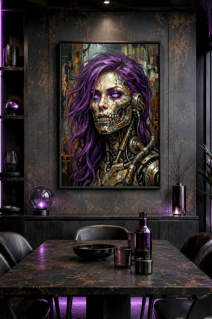 Cyberpunk Wandbild als Digitaldownload mit Android-Frau, lila Haaren, glühenden Augen, freigelegter Mechanik und rostiger Industrie-Optik.