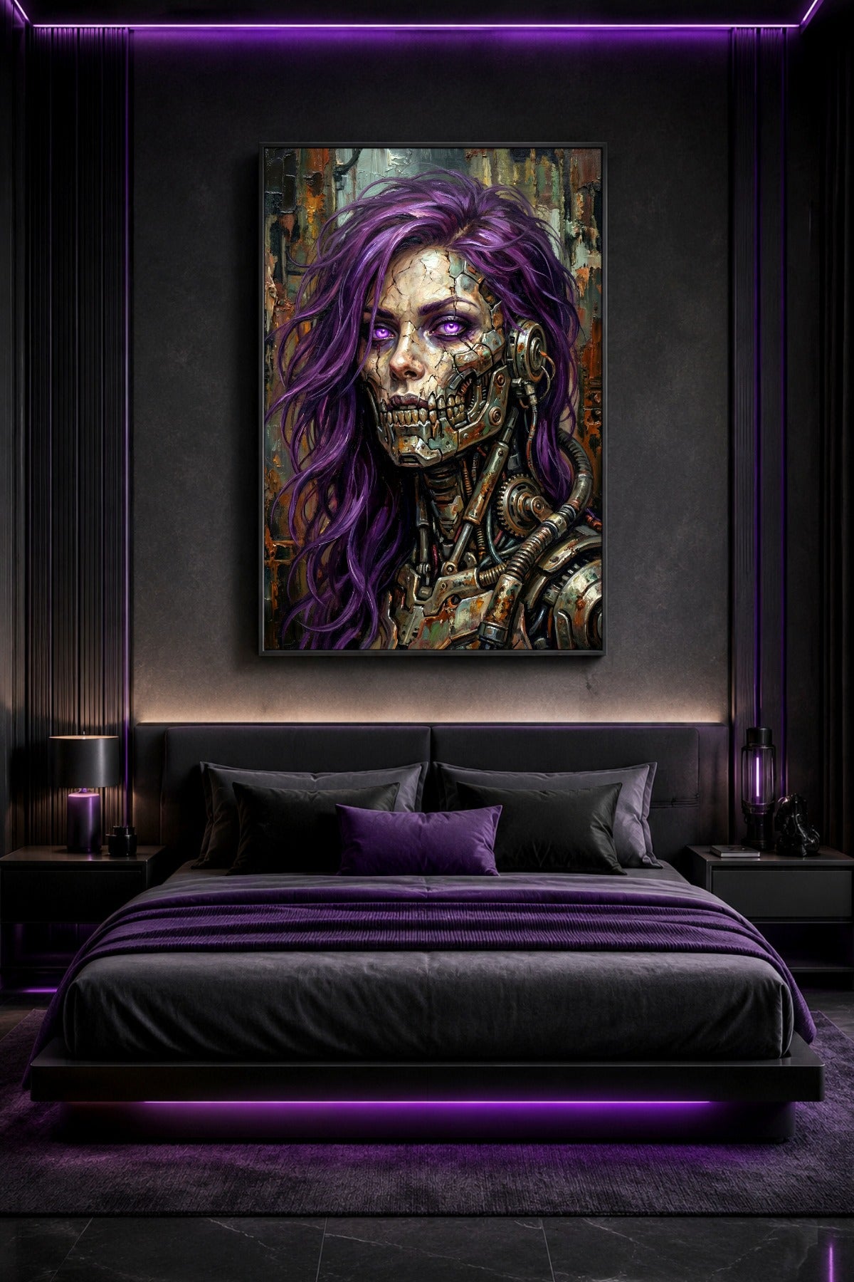 Android-Frau als digitales Cyberpunk Poster mit rissiger Haut, mechanischem Kiefer, violetten Haaren und rostbraunem Hintergrund.