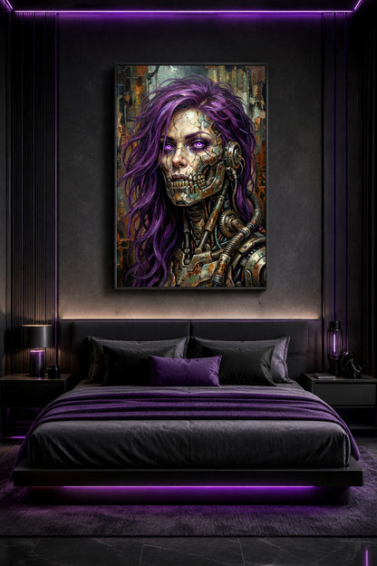 Android-Frau als digitales Cyberpunk Poster mit rissiger Haut, mechanischem Kiefer, violetten Haaren und rostbraunem Hintergrund.