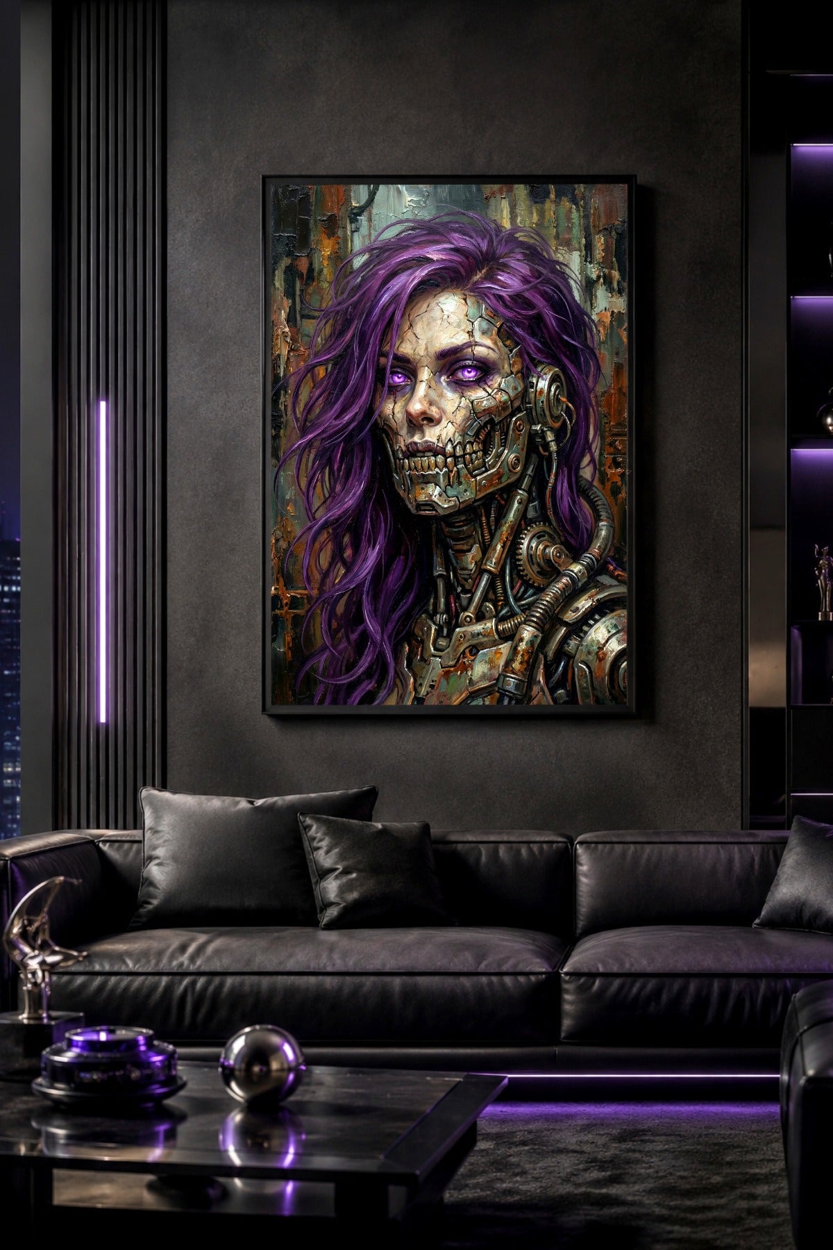 Digitales Gamer Room Poster mit Cyberpunk Android, leuchtenden Augen, Metallkiefer, violettem Haar und rauer postapokalyptischer Industrie-Atmosphäre.