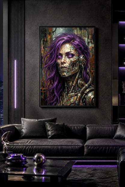 Digitales Gamer Room Poster mit Cyberpunk Android, leuchtenden Augen, Metallkiefer, violettem Haar und rauer postapokalyptischer Industrie-Atmosphäre.