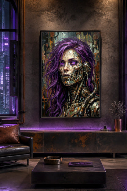 Digitales Biopunk Poster mit weiblichem Cyborg-Porträt, violettem Haar, Metallkiefer, leuchtenden Augen und dunklem Industrial-Look.