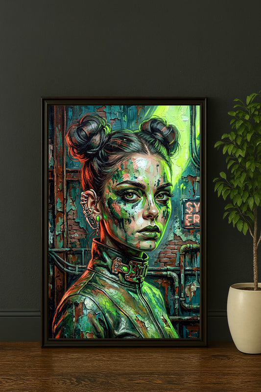 Digitales Cyberpunk Poster mit Cyber-Goth-Frau, Neongrün, Piercings, futuristischem Kragen und verwitterter Industriewand.