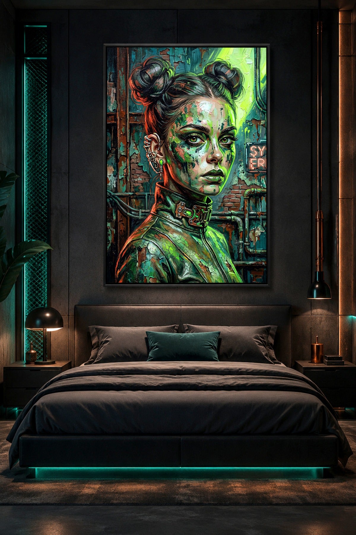 Digitales Cyberpunk Poster mit Cyber-Goth-Frau, neongrünem Licht, Piercings, hohem futuristischem Kragen und verwitterter Industriewand.
