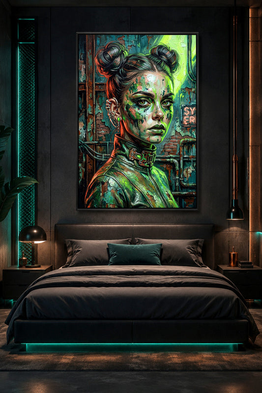 Digitales Cyberpunk Poster mit Cyber-Goth-Frau, neongrünem Licht, Piercings, hohem futuristischem Kragen und verwitterter Industriewand.
