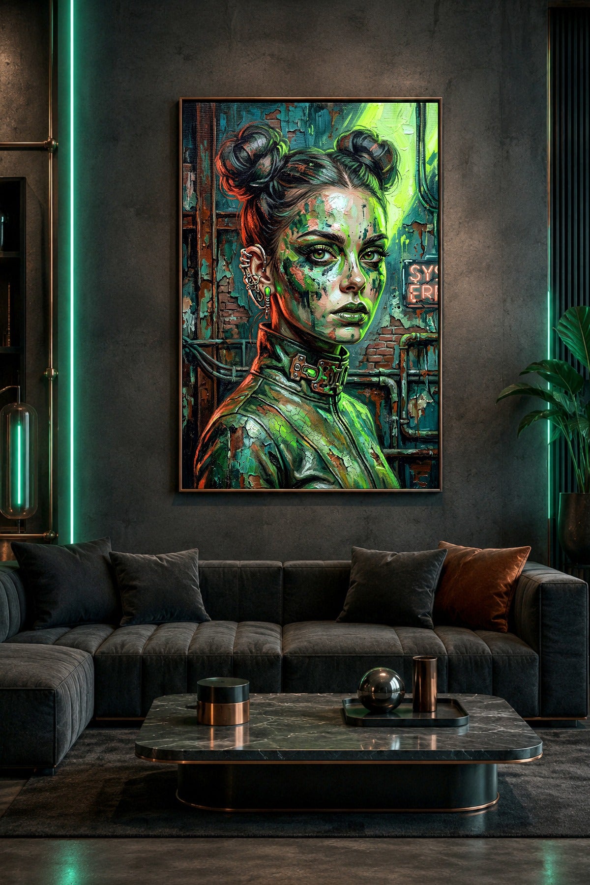Cyber Goth Portrait als digitales Poster mit grünen Lichtreflexen, Piercings, zwei Haarknoten, technischem Kragen und urbaner Industrial-Kulisse.
