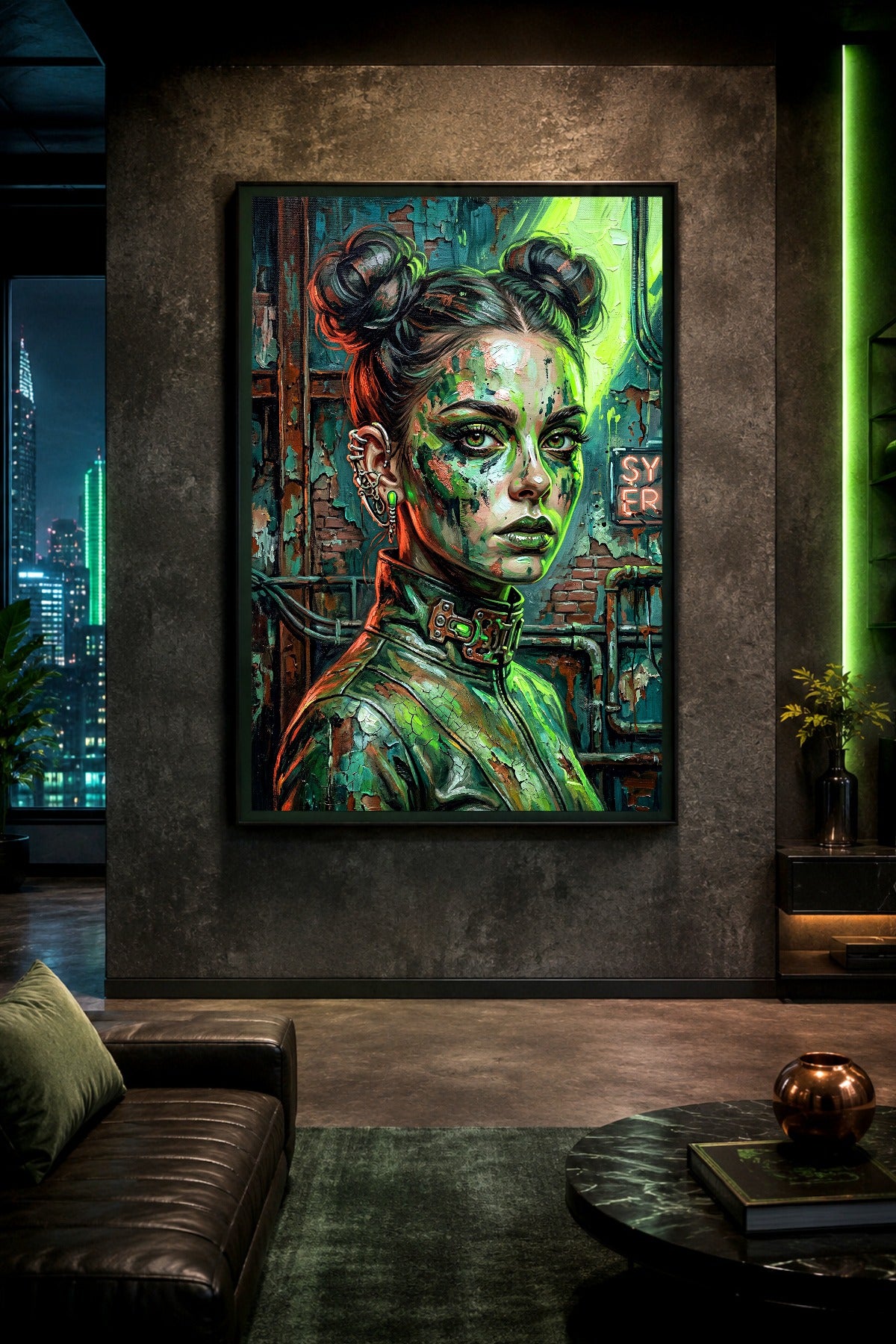 Digitales Grunge Wall Art Poster mit Cyber-Goth-Frau, Neongrün, dunklen Lippen, Piercings und abblätternder Industriewand im Hintergrund.