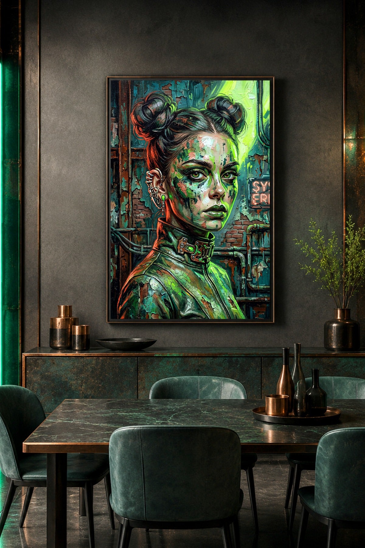 Cyberpunk Wandbild mit futuristischem Frauenportrait, neongrünen Farbakzenten, hohem Kragen, Piercings und rauer Urban-Decay-Atmosphäre.